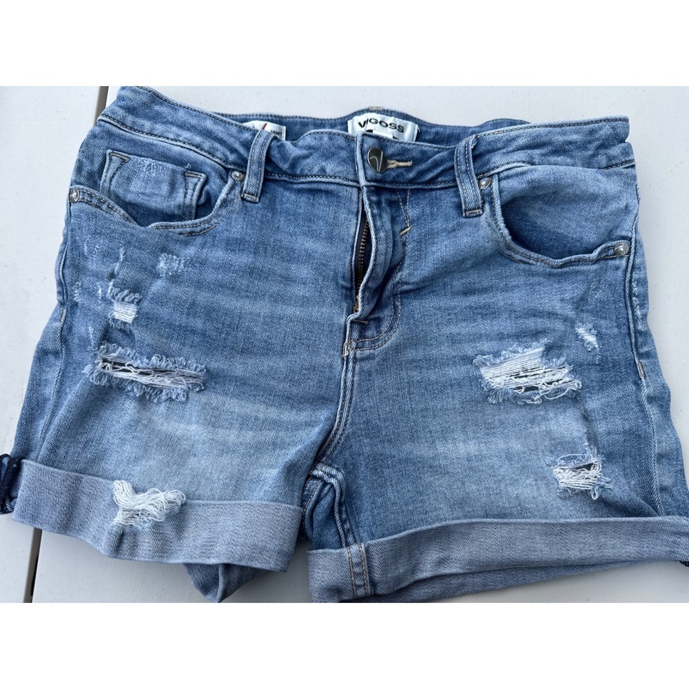 Vigoss Marley Short Medium Wash Distressed Denim Cuffed Jean Shorts Size 28